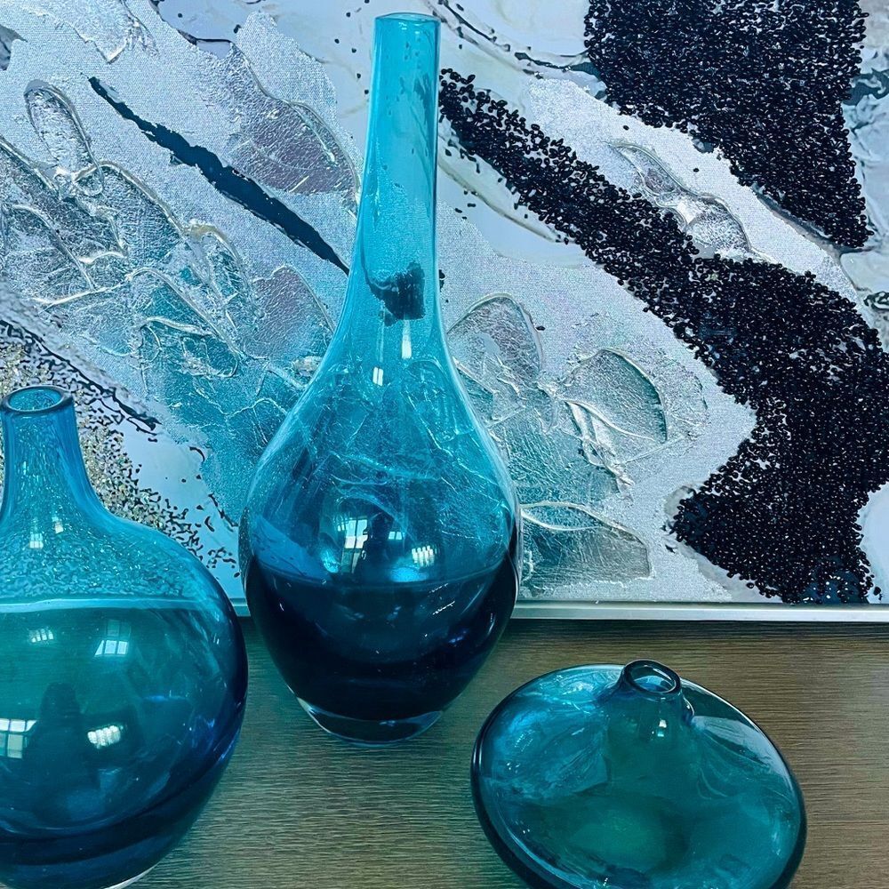 2 Blue Glass Coastal Vases Set